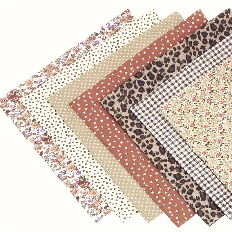 7 pcs of coffee vintage series floral cotton fabric quilted patchwork, suitable for DIY sewing, collage, manual sewing and other