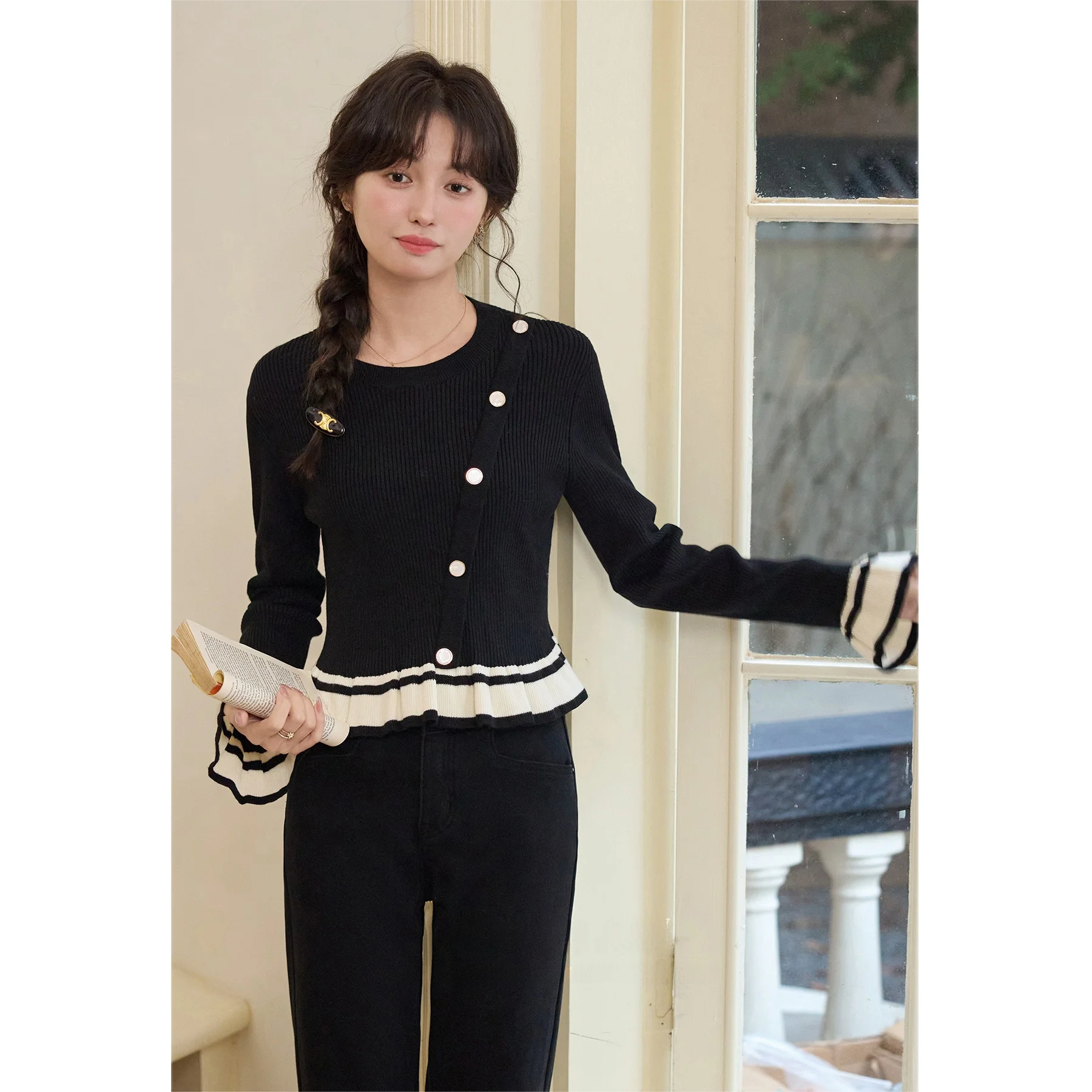 

Warm Fce Women's Sweater Color Blo Design Winter 2024 New Sle Sweet Sle round Ne Long Sve Loose Fit Top