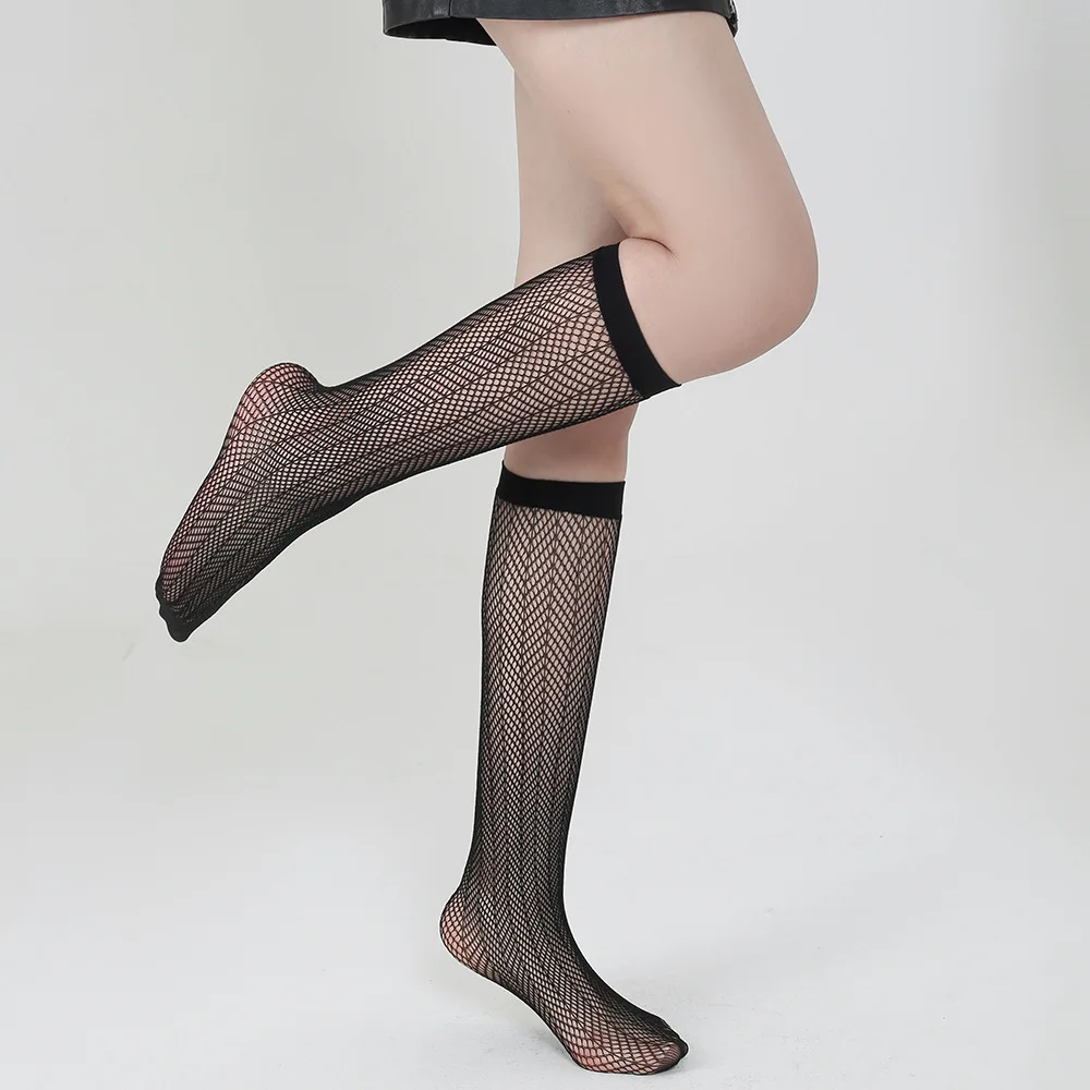 Sexy Women Stockings Summer Hollow Out Mesh Socks Night Club Party Lingerie Knee High Socks Black Geometry Fishnet Stockings