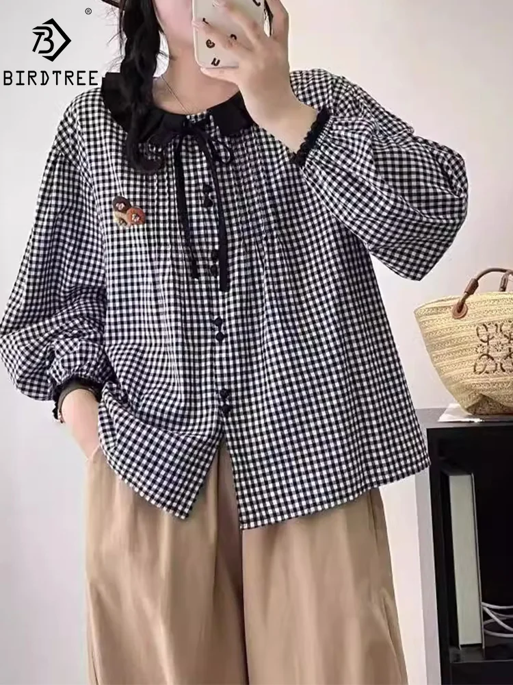 

New Summer Cotton Long Sleeve Shirt Lapel Plaid Lace-up Top Mori Girl Sweet Casual Loose Retro Blouse 2024 Autumn T46933QM