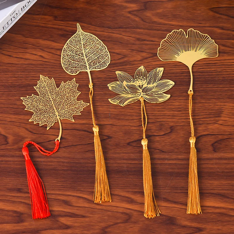 Student Chinese Style Stationery Retro Metal Bookmarks Hollow Ginkgo Biloba Maple Leaf Lotus Vein Book Marks Gifts