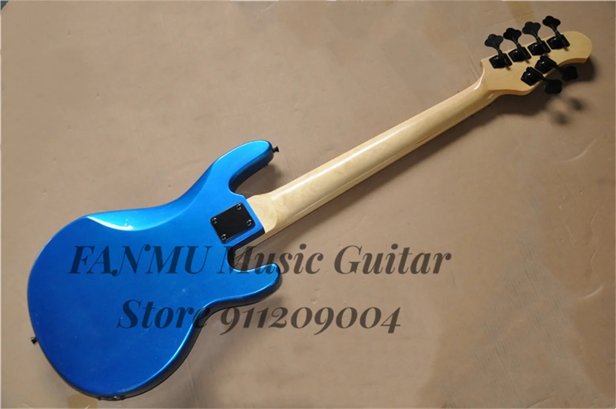 Left Hand Bass Guitar 6 Strings Metal Blue Bass Ray Body Maple Fingerboard 21 Frets Black Pickguard Fixed Bridge Black Tuners