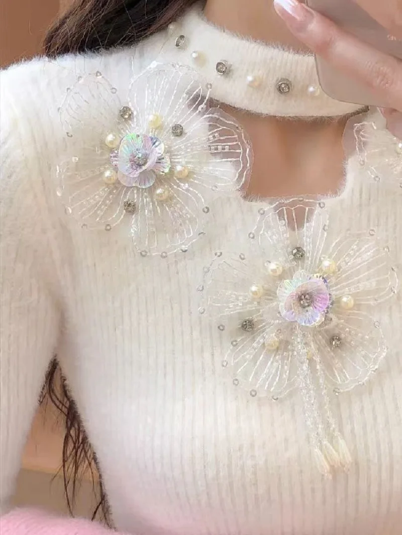 New In Autumn Winter High-end Diamonds 3D Flowers Stitch Sweater Women\'s Knitwear Pullover Knitted Slim Fit Tops Female Clothing