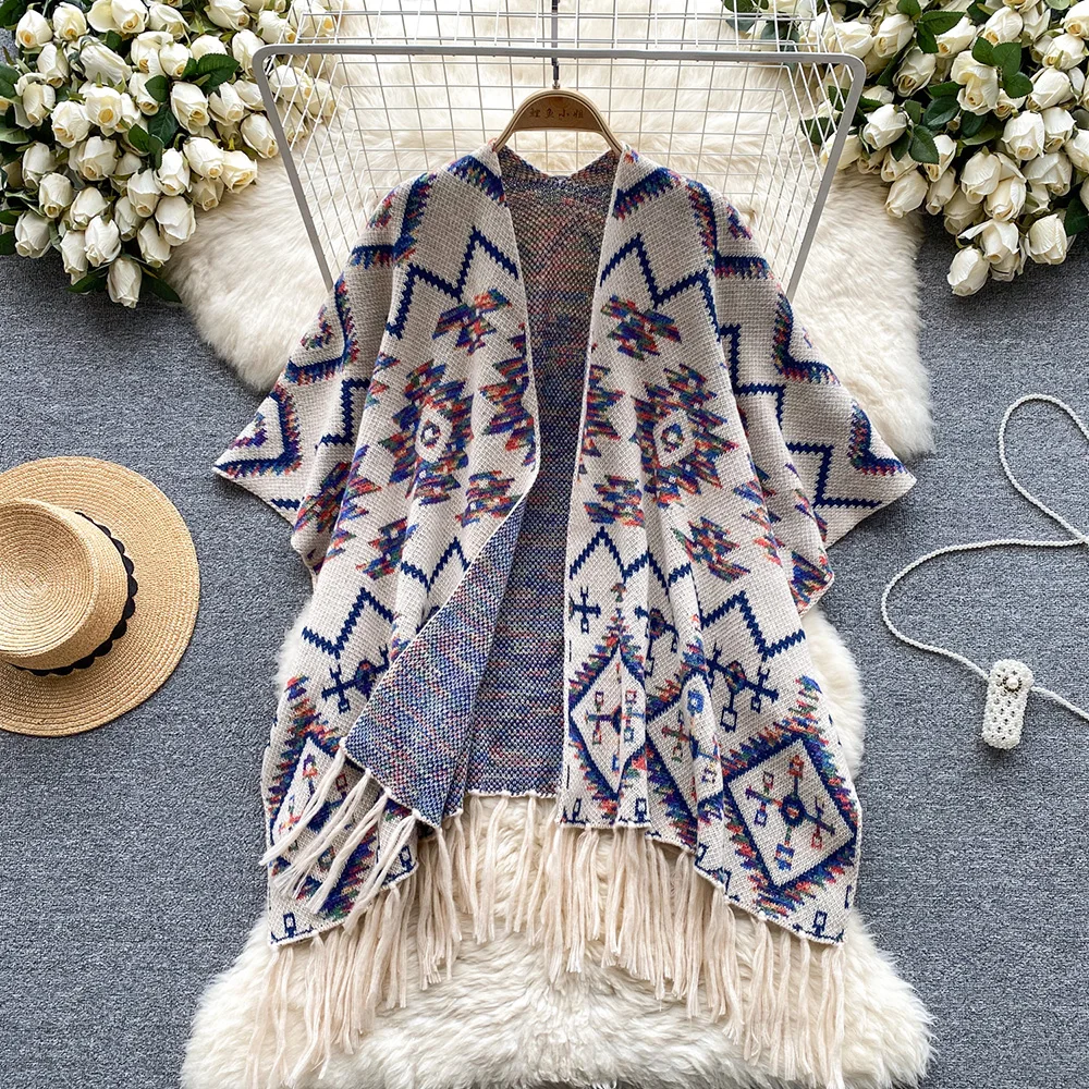 Croysier Shawl Cardigans For Women 2023 Bohemian Ethnic Vintage Jacquard Knit Cardigan Fringed Hem Loose Long Cape Sweater Coat
