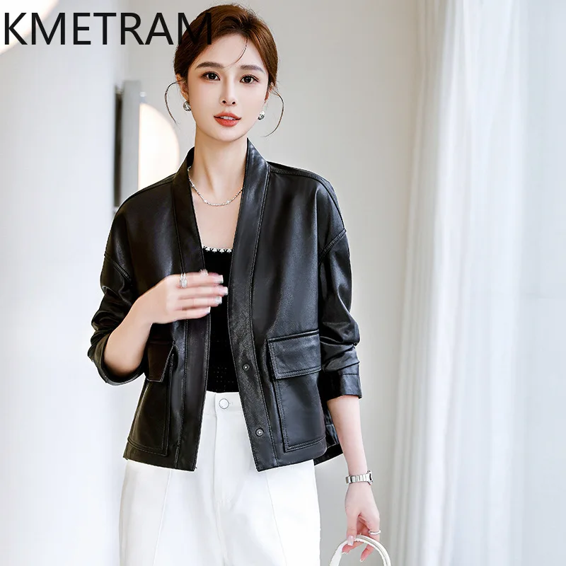 Damska kurtka ze 100% prawdziwej skóry owczej, luksusowa, krótka, z dekoltem w serek, oryginalne skórzane kurtki damskie, nowości w odzieży wierzchniej, jesienne ubrania 2025, дубленка