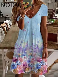 Women's Sundress Midi Dress Short Sleeve Floral Print Summer Casual V Neck Loose Dresses Plus Size 2024 Female Clothing Vestidos