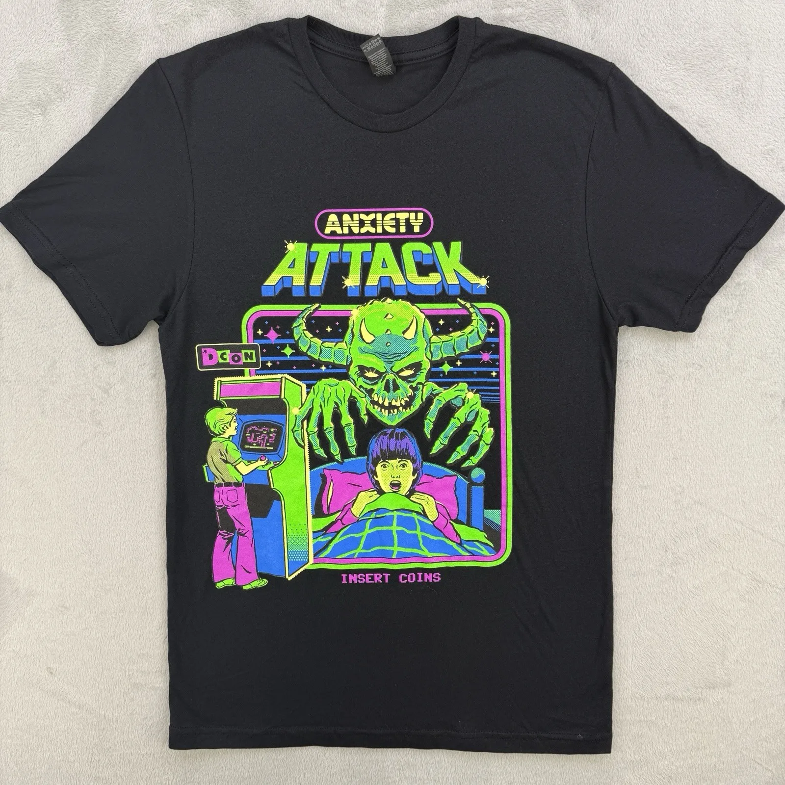 Camiseta para hombre con estampado de ataque de ansiedad, camiseta negra neón vintage con gráfico de jugador, talla XL, nueva sin etiquetas