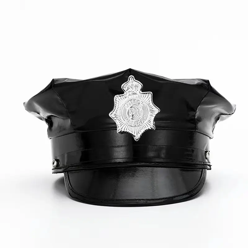 Trendy Black Military Police Hat Sexy Cosplay Outfits Women Performance Party Vintage Leather Military Cap Man Octagonal Caps