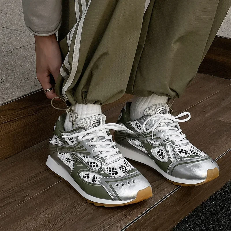 

2025Sneakers Casual Women Designer Retro Running Shoes Fashion Genuine Leather Fabric Breathable Height Increased Platform Shoes