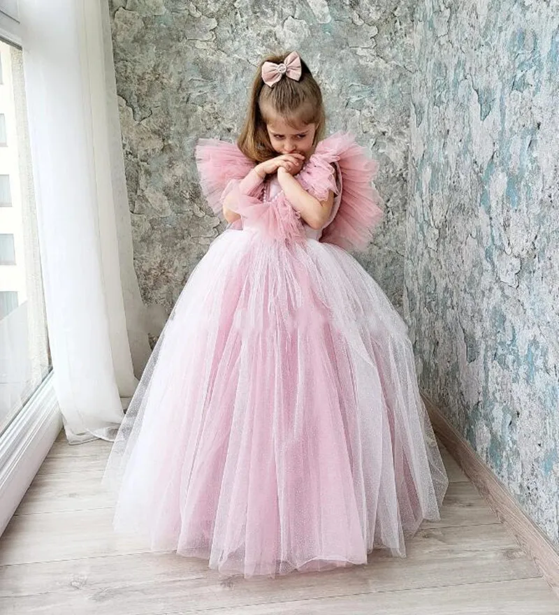 

Blush Pink Flower Girl Dress V Neck Ball Gown Puffy Sleeves Princess Birthday Party Dress Pageant Gown Kid First Communion