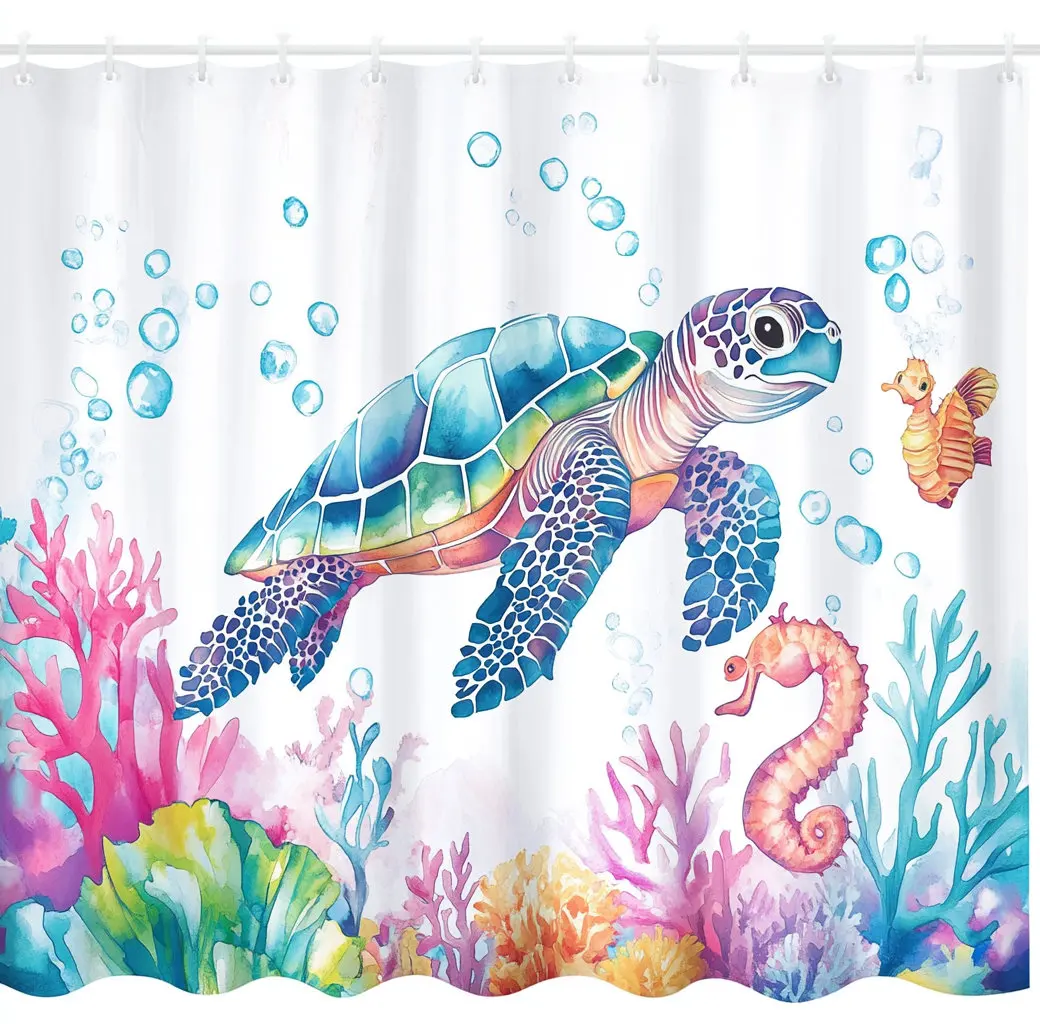 Underwater World Dolphin Turtle Shower Curtain,Ocean Animals Polyester Fabric Bathroom Curtains for Home Decoration Curtain