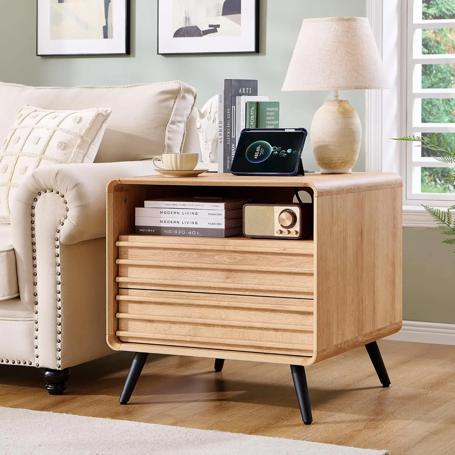 Night Stand with Charger Station, Mid Century Modern Fluted End Table with 2 Drawers, Wooden Side Table with Open Cubby Storage