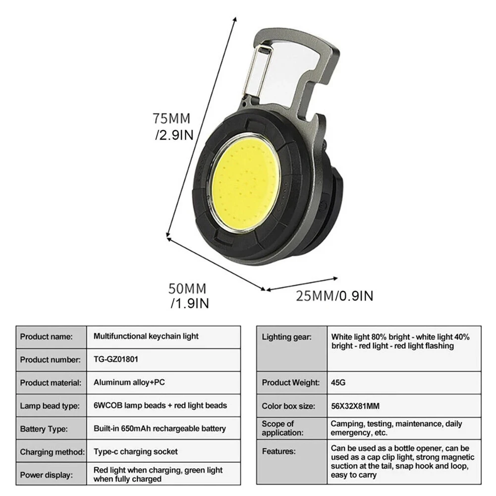 Powerful LED Keychain Light Type-C Charging Keyrings Light For Night Riding