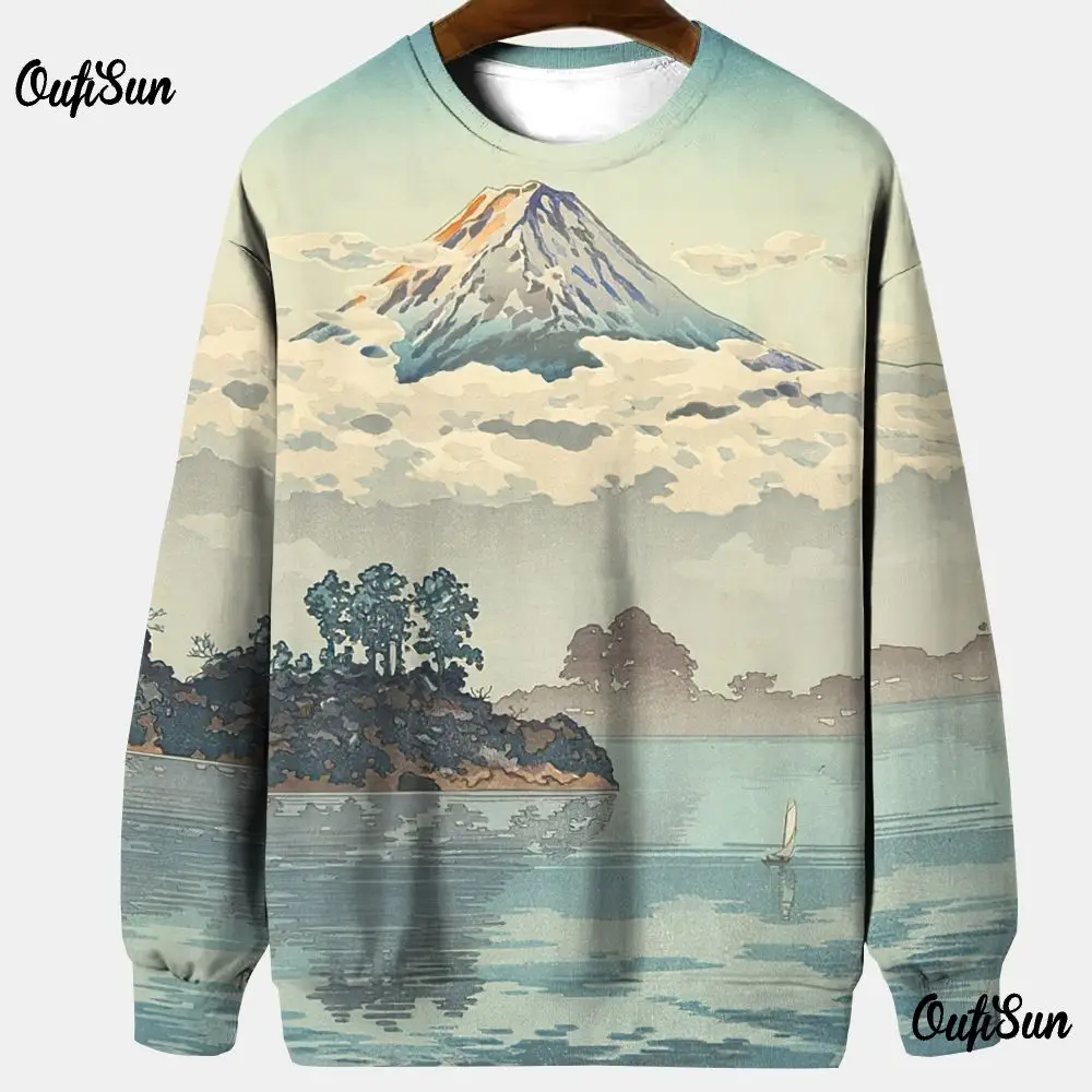 Japanese Ukiyoe Sweatshirt For Men Long Sleeve T-Shirt O-Neck Pullover Oversized Spring Clothing Thin Casual Men\'s Hoodies 2024