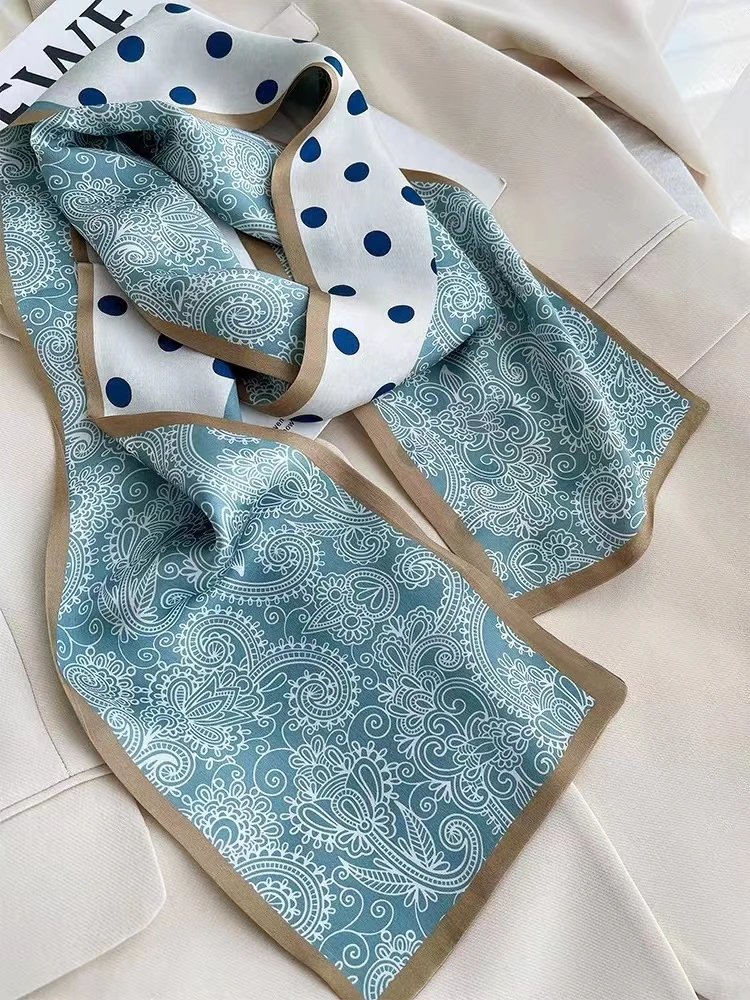 BYSIFA| Blue White Long Silk Scarf Headband Spring Summer Fashion Brand Dot Pattern Pure Silk Ribbons Scarves Floulard Printed