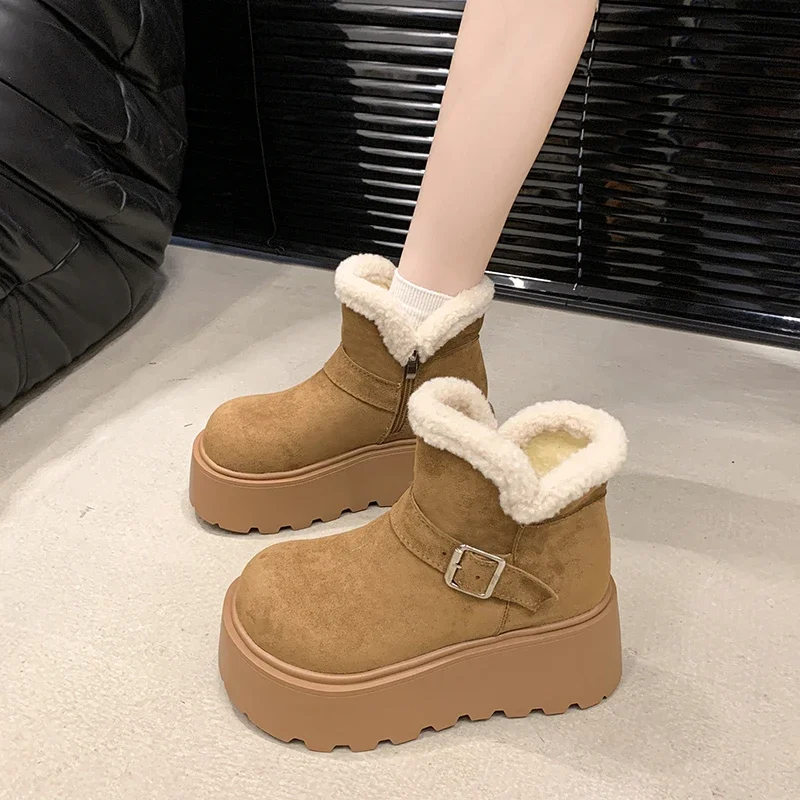 Ankle Flat with Snow Boots Slip-on Round Toe Women's Shoes on Sale 2024 Brand Mid Heel Turned Over Edge Solid Women's Boots