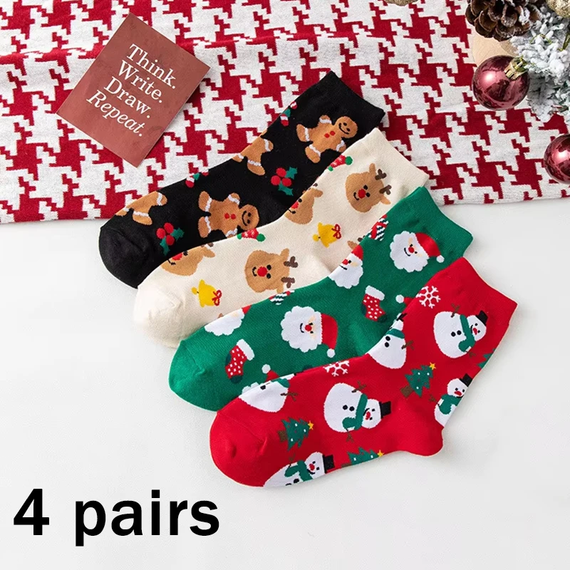 

4 Pairs Cute Cartoon Snowman Christmas Socks Women 2025 Winter Comfort Breathable Cotton Socks Elk Print Couple Stockings Unisex