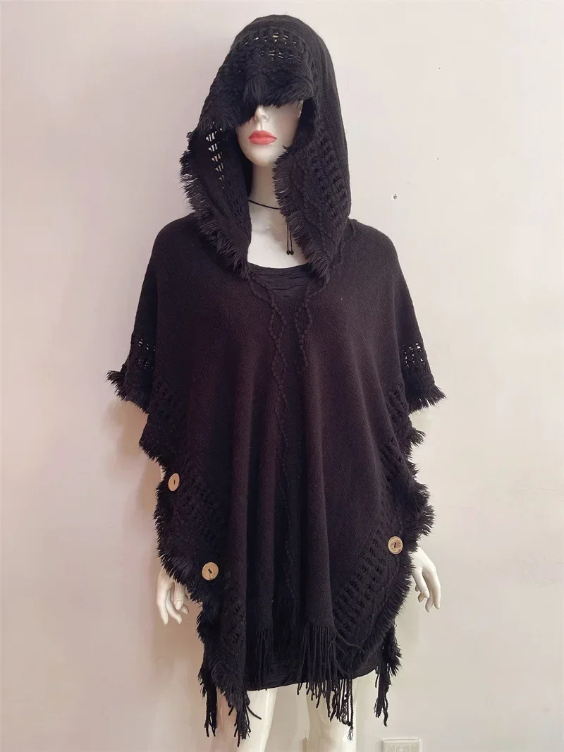 Hooded Crochet Cloak Poncho Shawl - Boho Chic Fringed Knit Wrap for Women, Spring-Autumn Versatile Outerwear