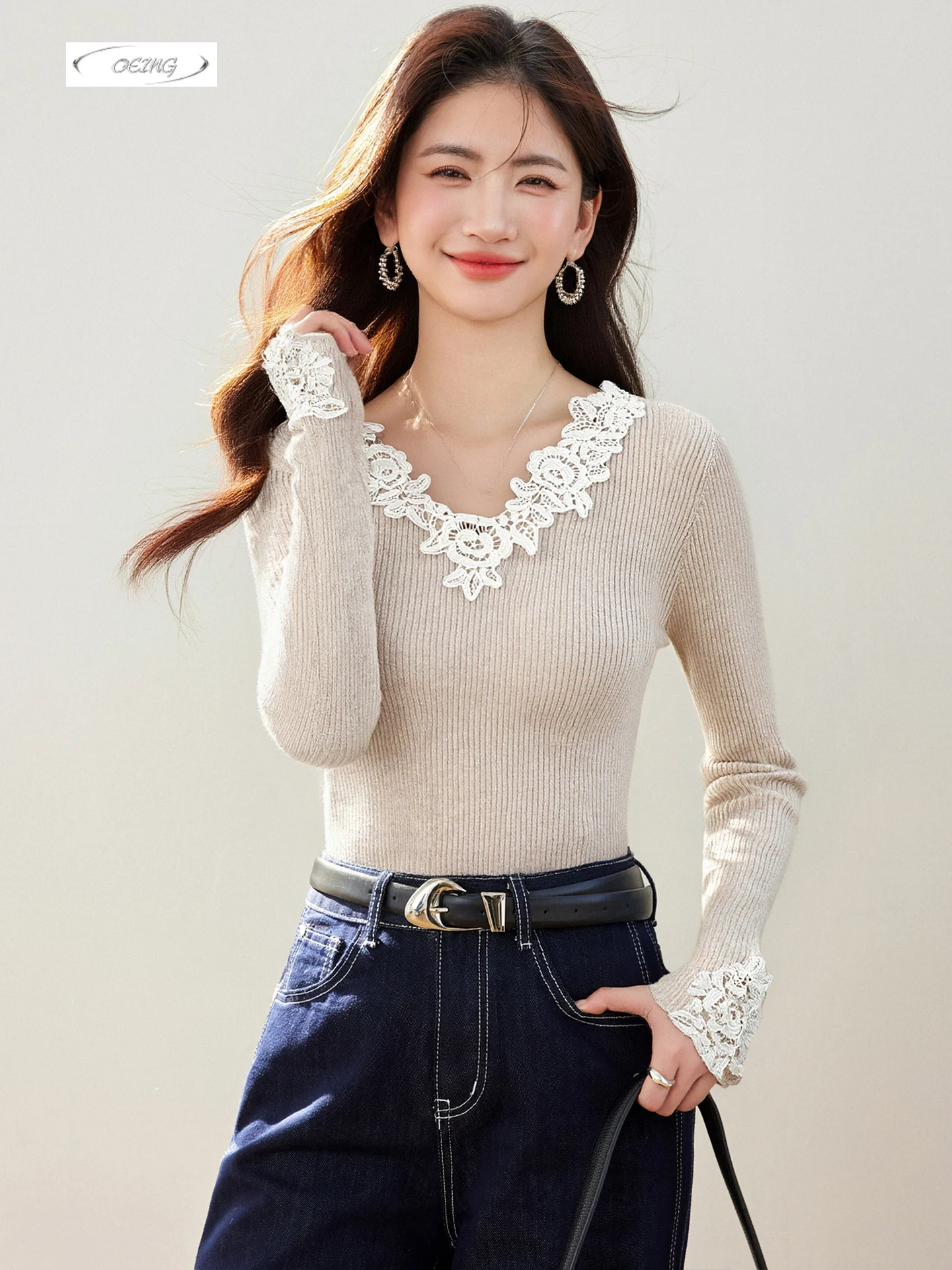 

Elegant Lace Spliced Long Sleeve V-neck Slim Knit Shirt Pullover Sweater for Women Autumn Winter Bottoming Tops Knitwear 9711