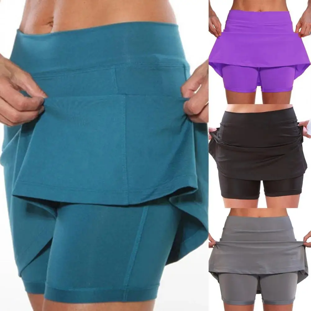 

Fashion Quick Drying Mid Waist Secure Side Pockets Double-Layer Women Fitness Shorts Skirt Leggings Skirt Wide Waistband