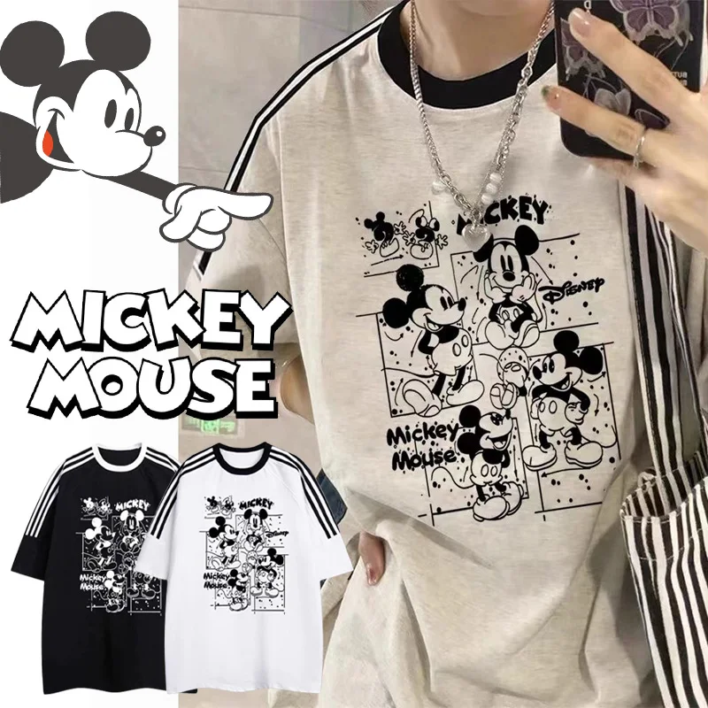 Disney Mickey Mouse Summer Cotton T Shirt Men Retro Casual O-neck Basic T-shirt Women Baggy Tees Classical Cartoon Tops Clothing