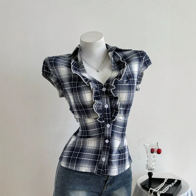 Women Summer Sweet Plaid Short Sleeve Shirt Top V-Neck Ruffle And Button Decoration Slimming European Style Top New Arrival