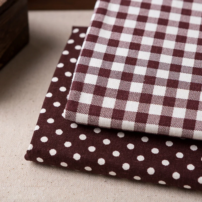 

Deep Coffee Grid Polka Dot Printed Cotton and Linen Fabric Linen DIY Fabric Thickened Pillows Tablecloths Curtains Sofas Fabrics