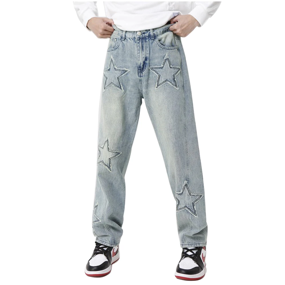 Men Star Patch Denim Jeans Spliced Blue Cotton Pants Straight Fit Trousers