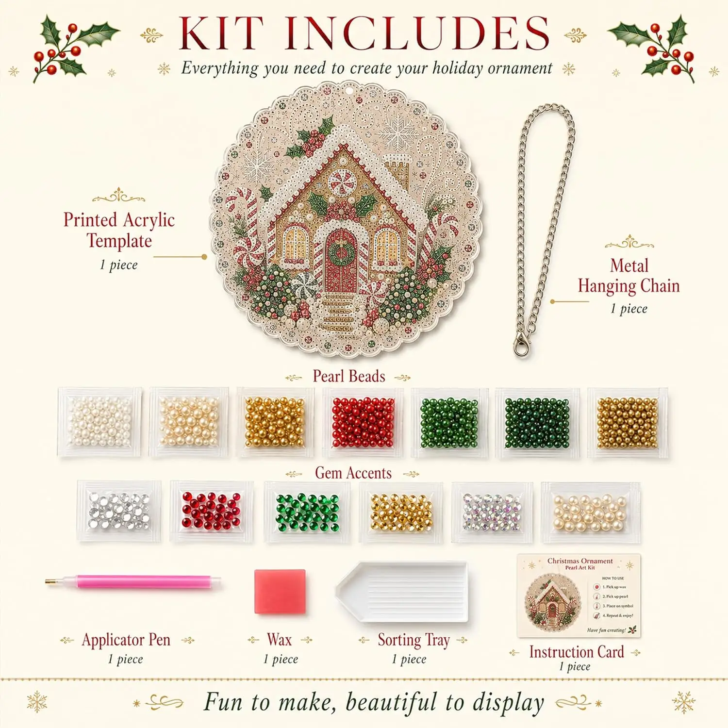 Christmas Pearl Diamond Painting Suncatcher Kit DIY Craft Pre-Assembled Metal Chain Acrylic Round Board with Lace for Wall Decor view 4