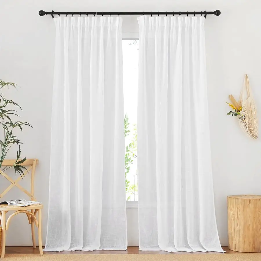 

White Linen Sheer Curtains 108 Inches Long 2 Panels Set, Back Tab amp Rod Pocket Pinch Pleated Curtains for Bedroom Room Darkeni