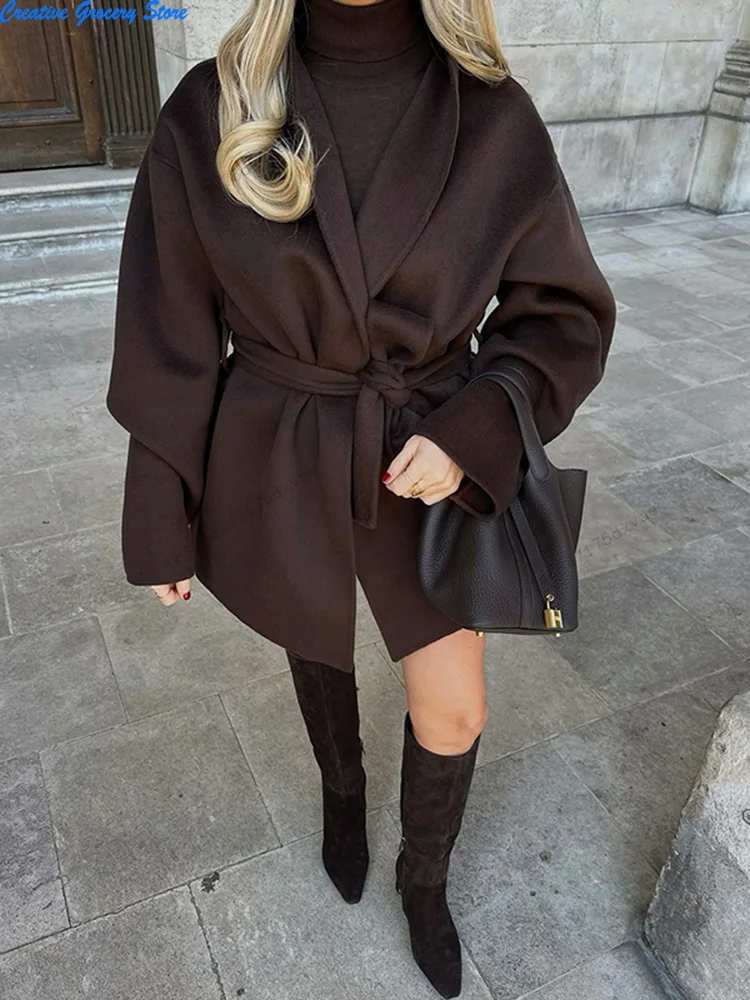 

New Women's Fashion Solid Coat Cardigan With Belt Casual Loose V-Neck Long Sleeve Lace Up Jackets 2025 Autumn Lady Outerwears