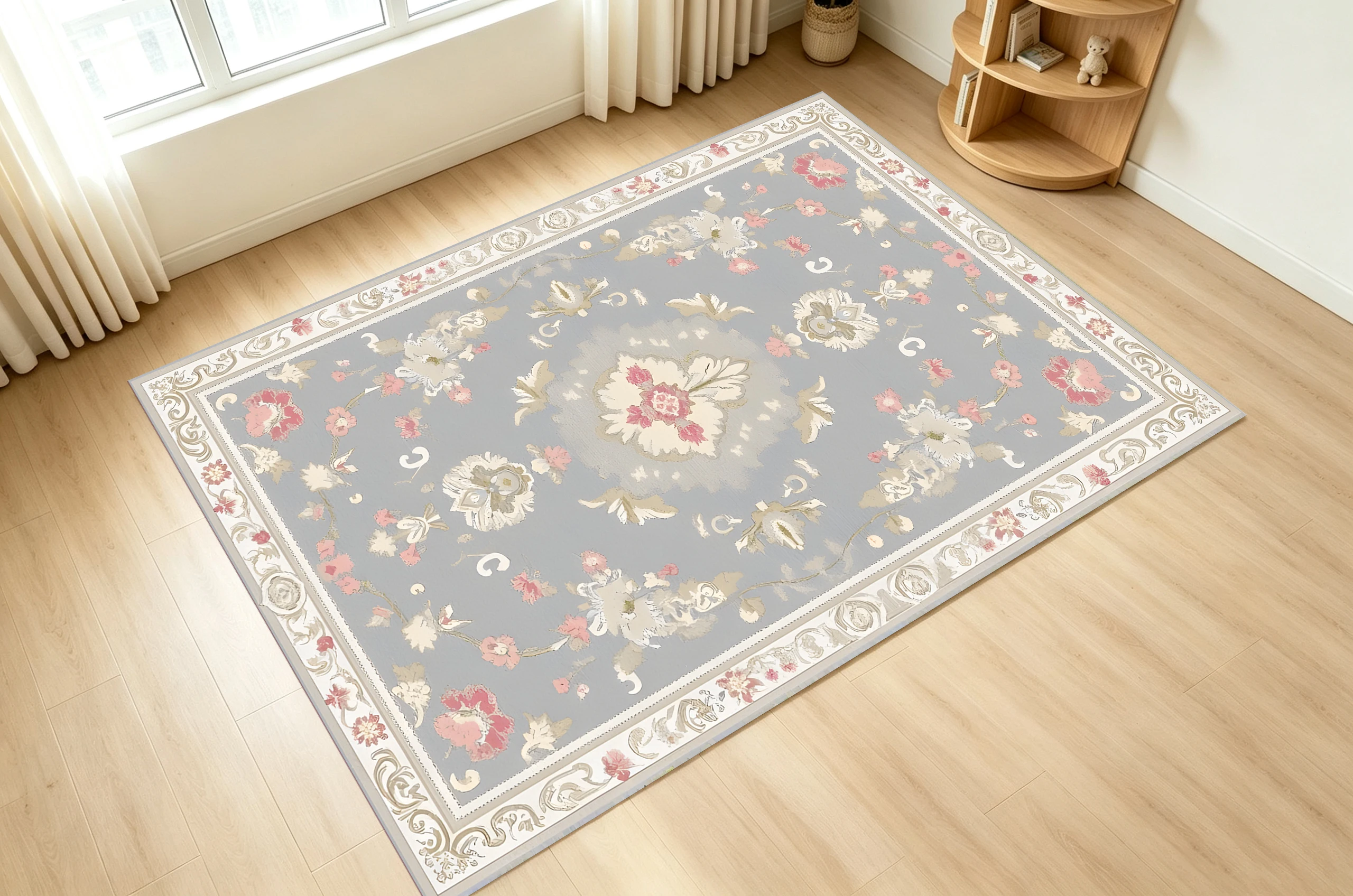 Gray Blue European Floral Velvet Area Rug, Retro Cozy Christmas Style for Living Room Bedroom, Autumn Winter