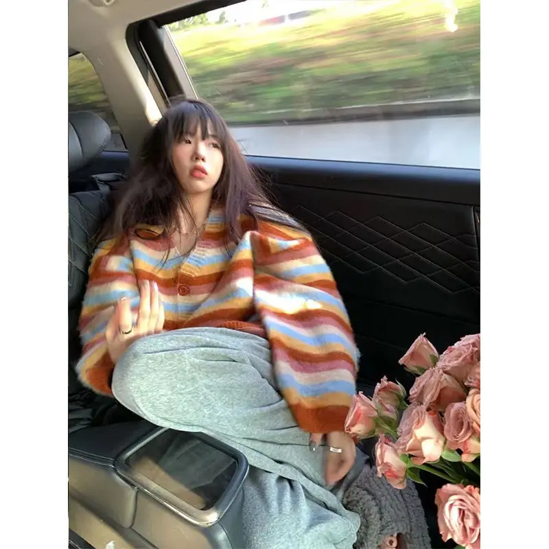 Korobov Vintage Orange Striped Sweater Coat Loose Lazy Chic Cardigan Female New V Neck Knitwears Harajuku Korean Fashion Y2k Top