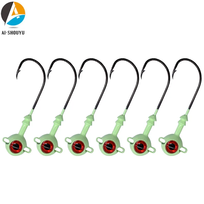 AI-SHOUYU New 5pcs Jig Lead Head Luminous Fishing Hook 5g/7g/10g Barbed Hook Hard Bait 3D Eyes Fishhook Trout Fishing Tackle