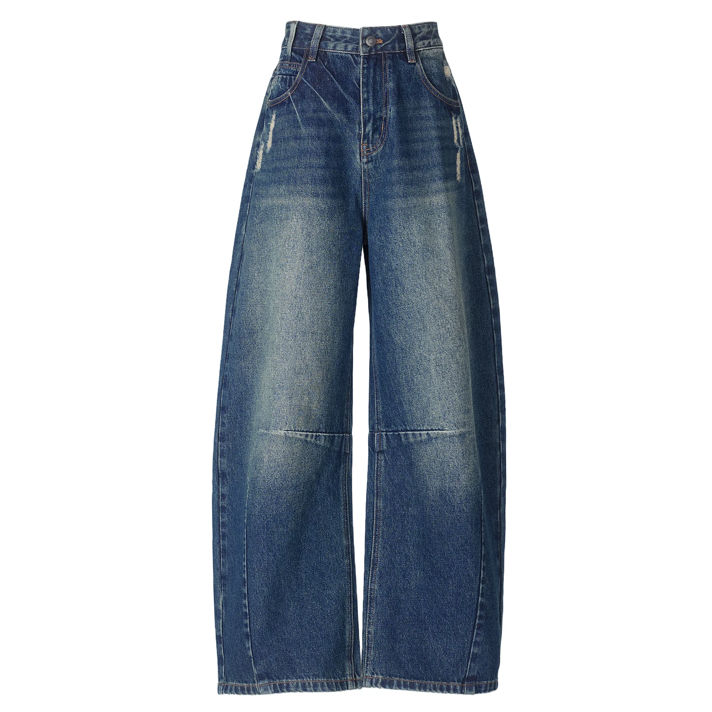 Celana Denim Wanita Model Retro Vintage Amerika, Berlapis Sherpa, Panjang Lantai, Gradasi Warna, Kaki Lebar, Model Slouchy dan Melengkung