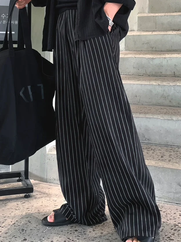Men's Casual Striped Workwear Pants Loose Straight Leg No Ironing American Retro Commuter Suit Trousers Trendy Loose Fit