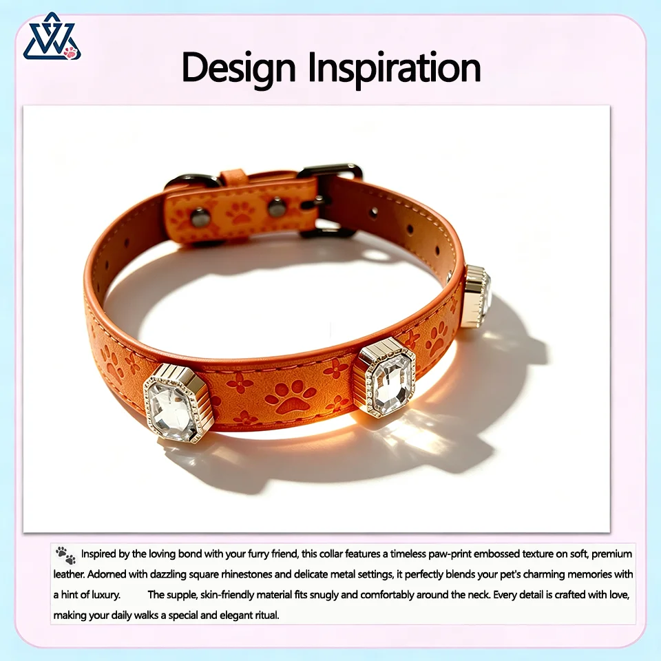 Luxury Rhinestone Dog Collar with Paw Print Embossed Leather Adjustable Pet Necklace Lightweight Comfortable Durable Breathable