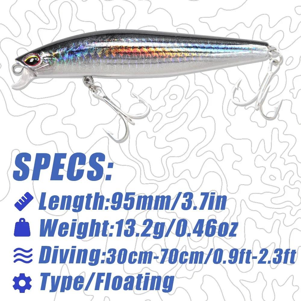 B&U 3D Printing 95mm 13.2g Floating Wobbler Slatwater Fishing Lures Minnow Crank Wobbler Fishing Tackle Hooks Hard Bait