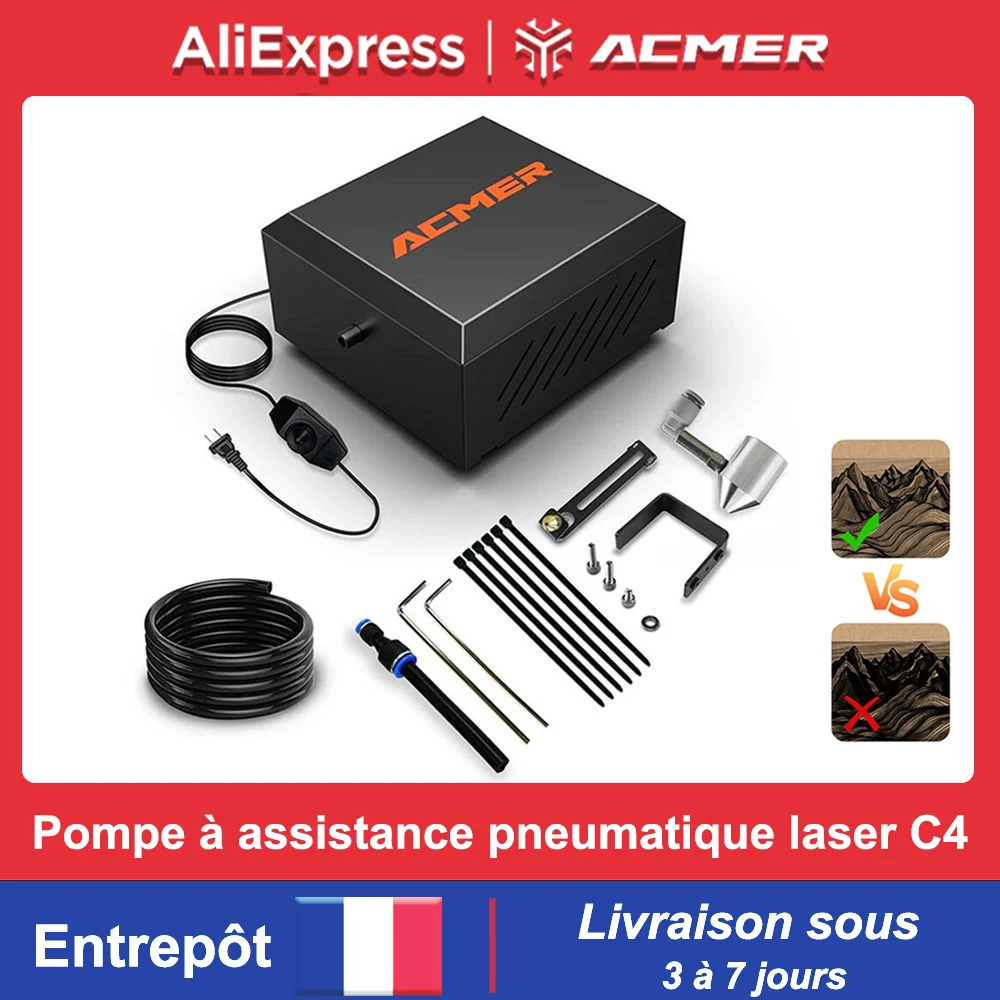 ACMER C4 pompe d'assistance à l'air Laser à faible bruit 30L/min Kit de système d'assistance à l'air enlevant la poussière de fumée pour Machine de découpe de gravure Laser