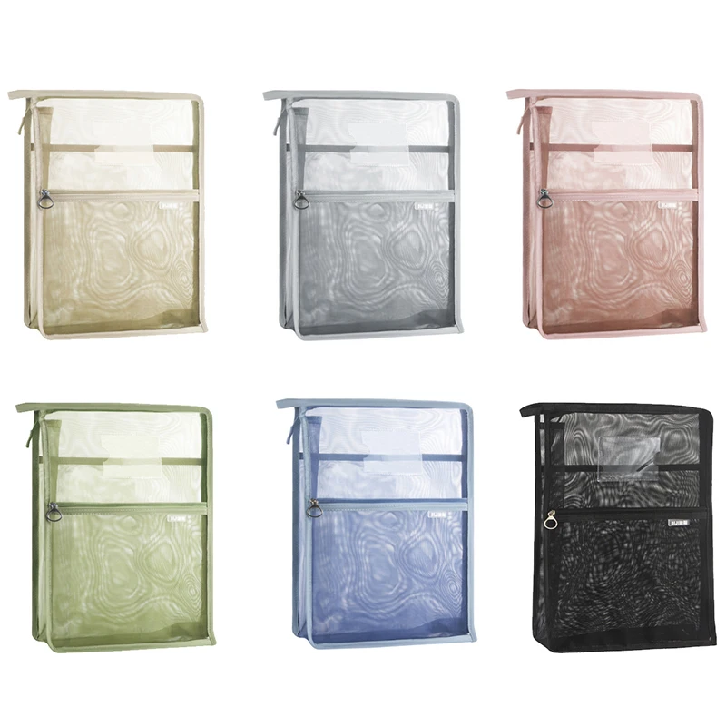 A4 Nylon Mesh Zipper Pouch Bag Transparent Data Document Storage Bag Solid Color Thickened File Bag School Office Supplies