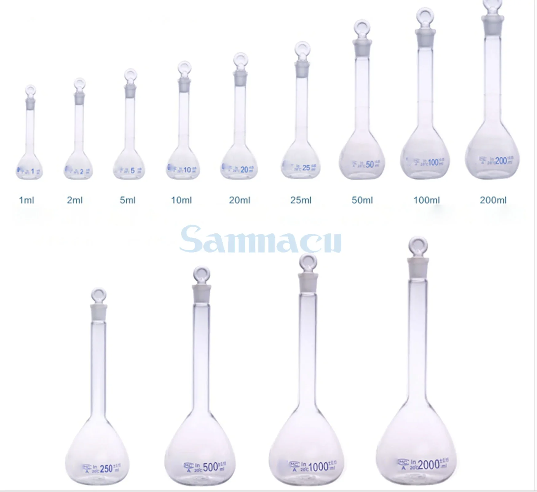 5/10/20/25/50/200/500/1000ml Class A Borosilicate Glass Lab Clear Volumetric Flask With Head Stopper