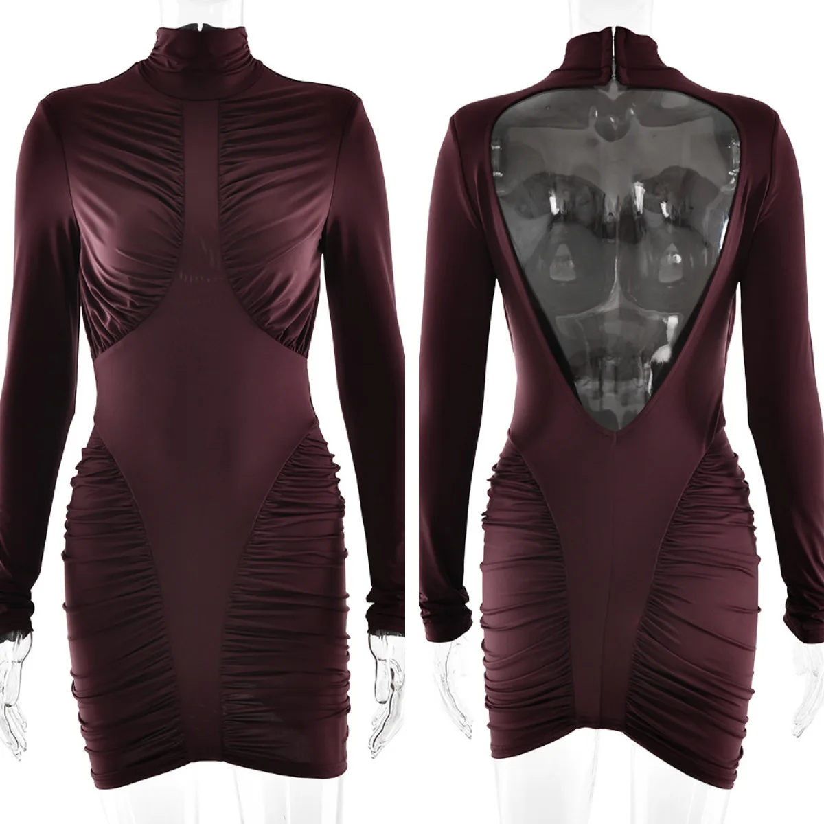 Absobe Fall Winter Women Leopard Print Mini Dress Ruched Long Sleeve High Neck Sexy Backless Cut Out Bodycon Party Streetwear