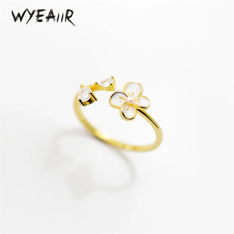 

WYEAIIR 925 Sterling Silver Pearl Shell Zircon Flower Resizable Opening Ring For Women Luxury Jewelry