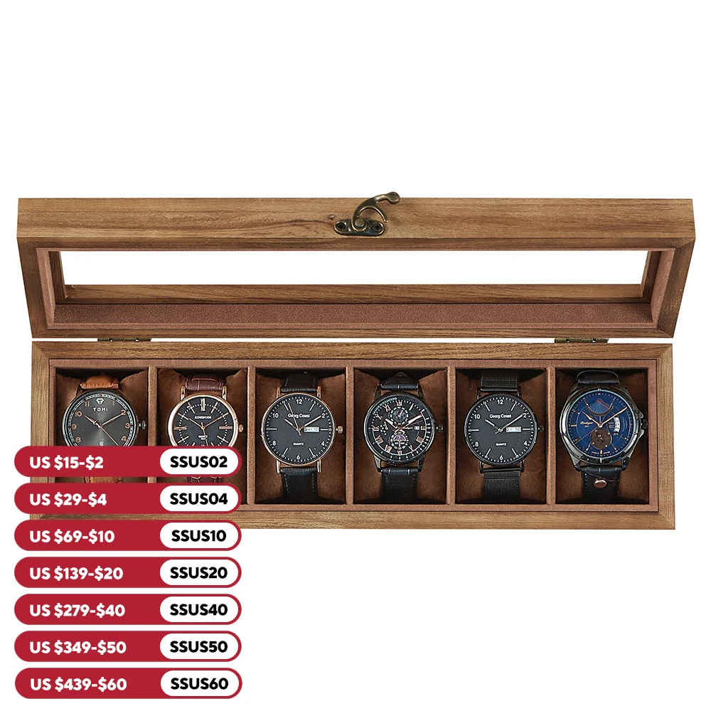 SONGMICS Watch Box, 6-Slot Watch Case, Solid Wood Watch Box Organizer with Glass Lid, Watch Display Case with Removable Pillows