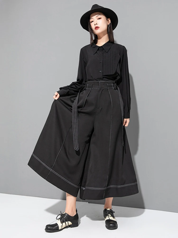 [EAM] High Waist Black Topstitched Bandage Long Wide Leg Pants New Loose Fit Trousers Women Fashion Spring Autumn 2024 1DF7722