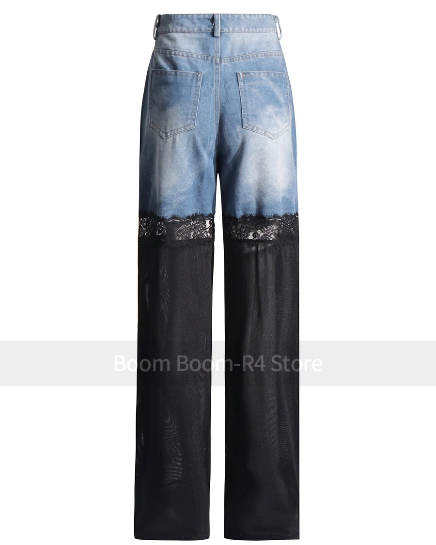 2024 Frühling neues Design Sinn Mitte der Taille Spitze Spleißen sexy Denim weites Bein Hosen Frauen