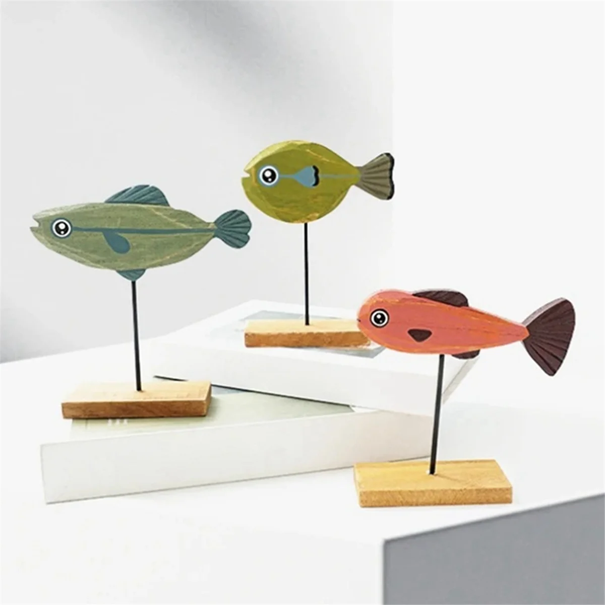 ABNH Statue de poisson en bois décorations nordiques pour la maison Sculpture de poisson ornements salon chambre Restaurant décoration C