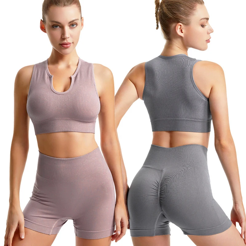 

Seamless Yoga Set Ribbed Workout Outfits For Women 2 Piece Sport Bra High Waist Shorts Yoga Leggings Sets Fitness Gym Clothing