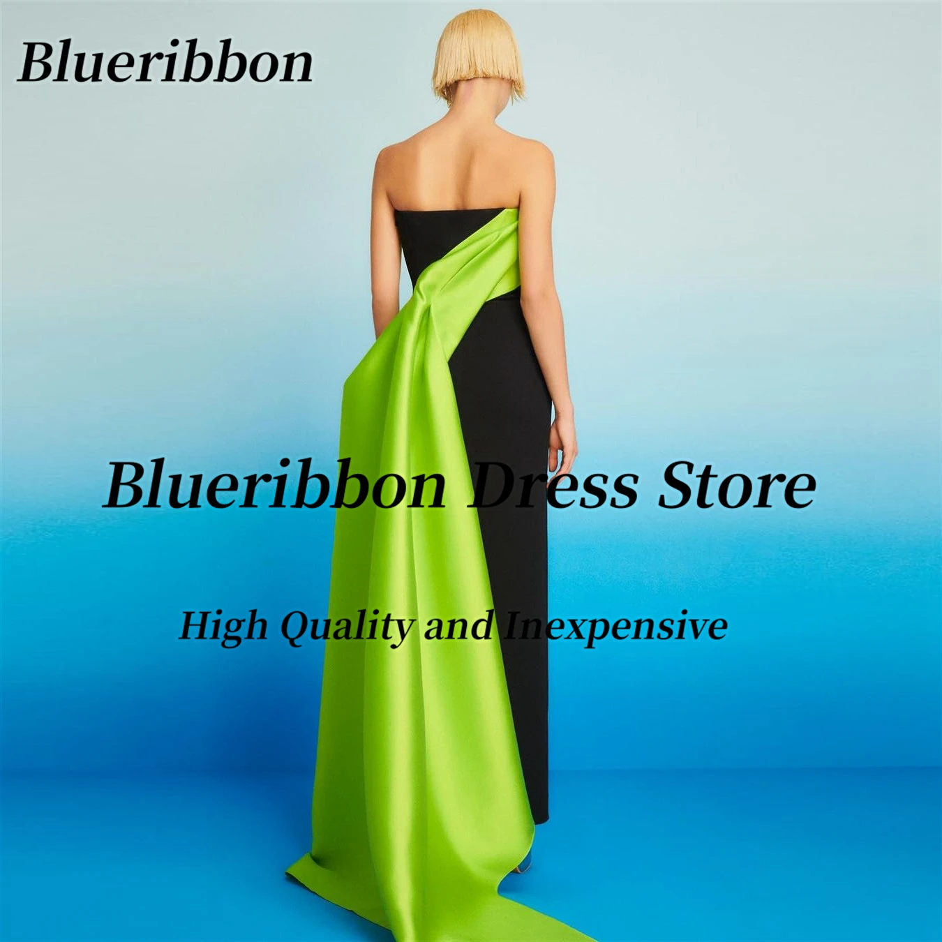 Blueribbon Customized Dresses for Prom Strapless Ankle Length Black Evening Party Gowns Contrast Color Long Train Vestidos