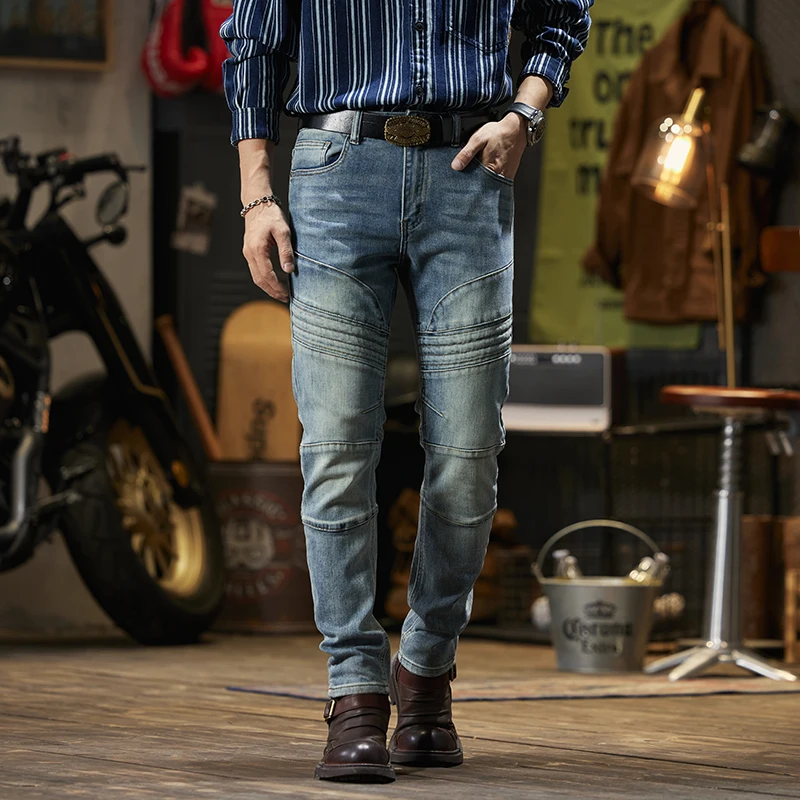 Retro Blue Jeans Men's Motorcycle Style Tight Handsome Stretch Casual Versatile Washed Stitching Skinny Trousers